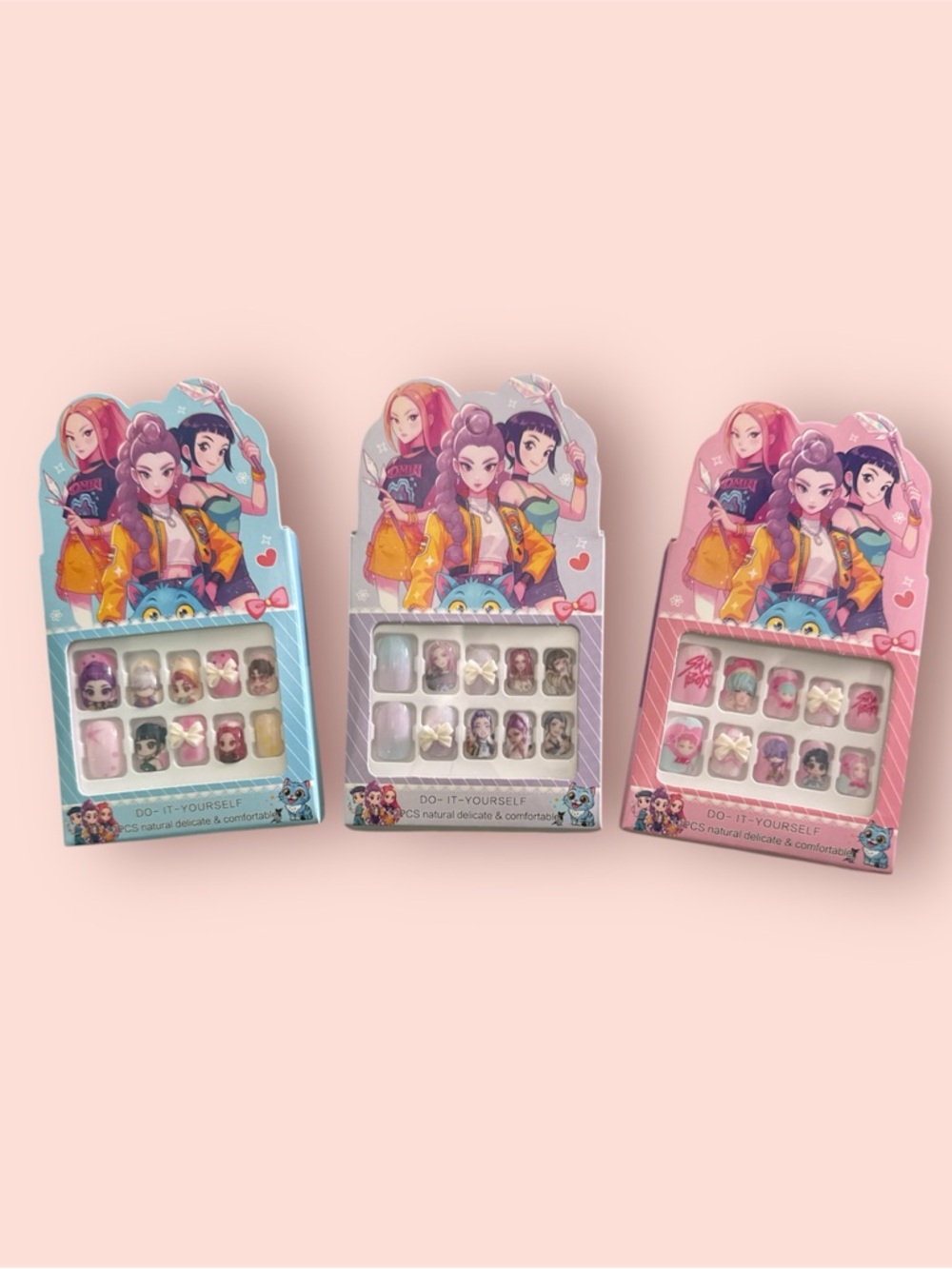 K-Pop Girls' Cartoon Press-On Nail Set - Assorted Pastel Designs